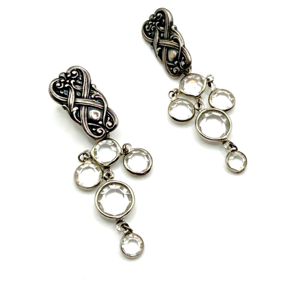 Vintage 90s Sterling Silver Clear Glass Stamped Chandelier Drop Earrings